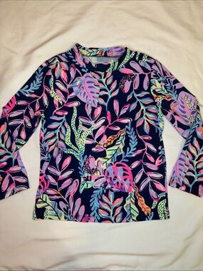 Youth Girls Lilly Pulitzer Long Sleeve Beach Swim Rash Guard Tropical Navy Sea